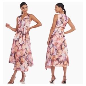 Kay Unger Lani Soft Orchid Multi Floral A-Line Sleeveless Midi Dress New Size 10